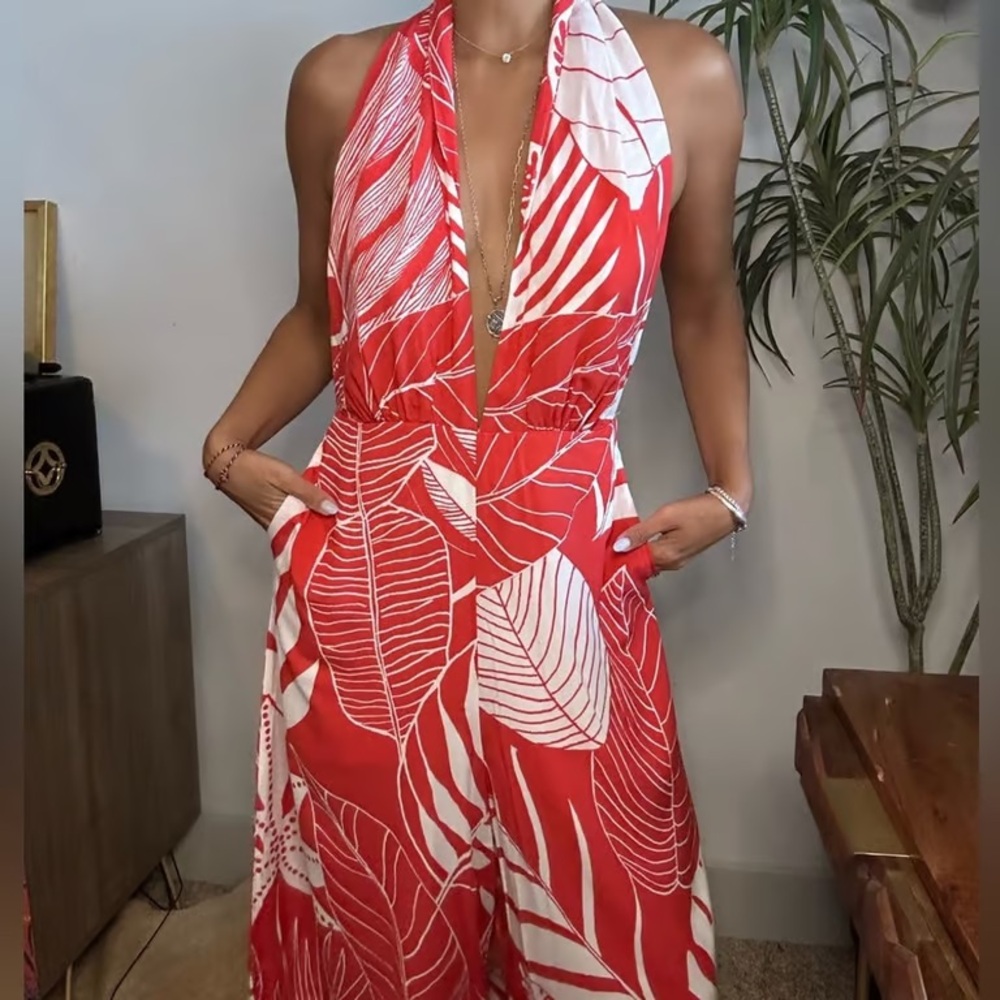 Chic Red Leaf Print Halter Jumpsuit